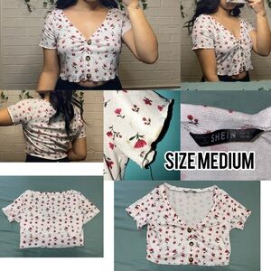SHEIN White and Red Floral V-Neck Crop Top